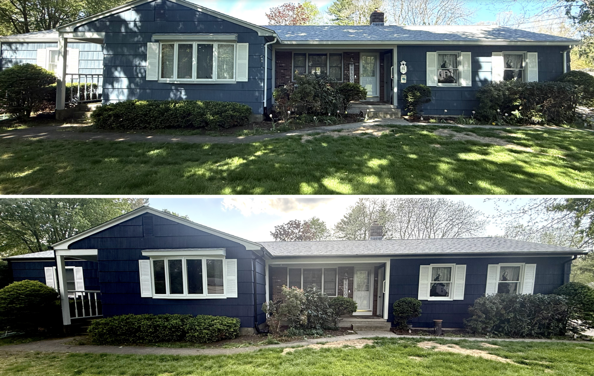 Before and after exterior painting project by Blue Diamond Painters in Enfield CT